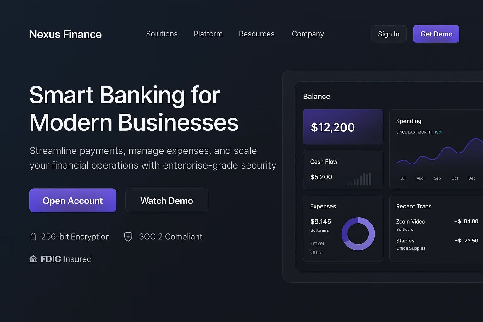 Modern fintech dashboard with real-time analytics and payment processing