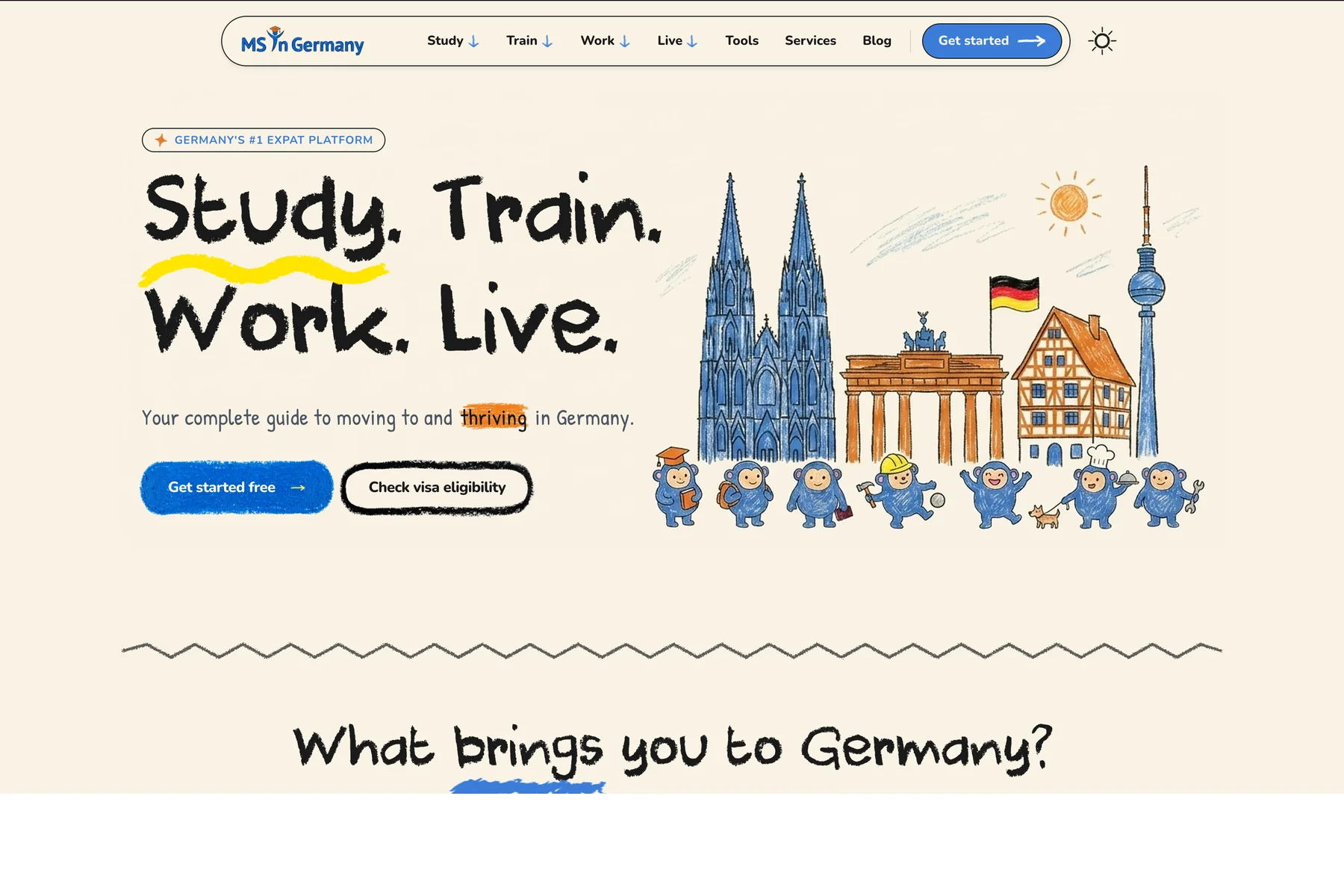 MS in Germany homepage with the Brand Blue Monkey crew, hand-drawn crayon hero, and Study, Train, Work, Live tagline